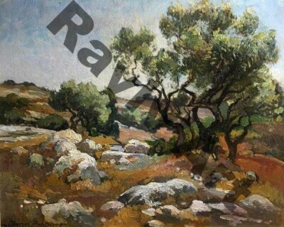 Garigue landscape with olive tree by M. Parturier (1901-1976). 32x39.5cm Hc