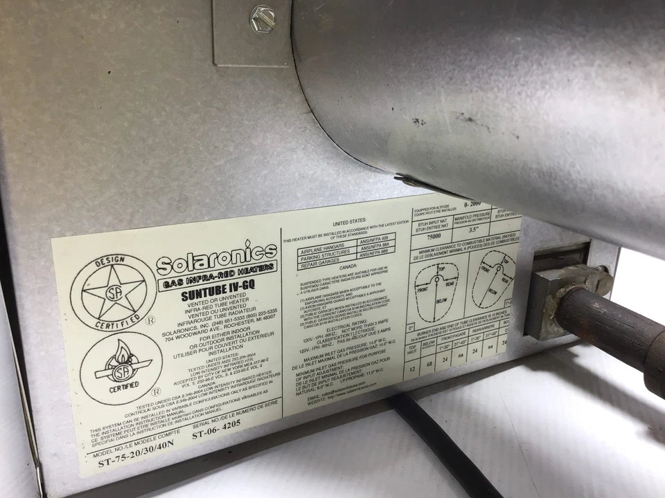 Calentadores infrarrojos Solaronics ST-75-20/30/40 40’ NG 75K BTU 120 V Foto 3 de 4