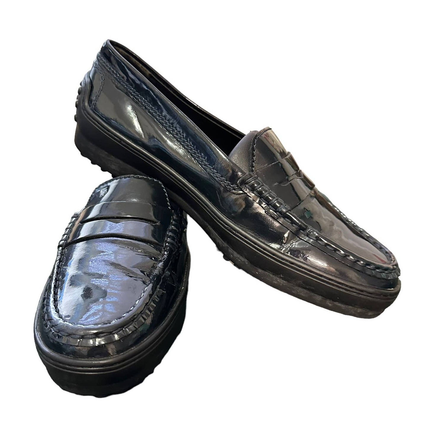 Tod's Women Navy Blue Patent Leather Penny Loafers Si… Gem