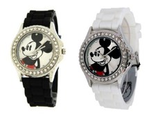 NEW DISNEY MICKEY MOUSE SILICONE BAND,SILVER TONE S/STEEL CRYSTALS DIAL WATCH