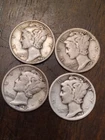 4 Mercury dimes. 1944,1919,1942,1929. 90%Silver