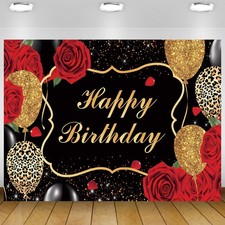 7x5Ft Red Rose Happy Birthday Backdrop Banner for Women Red Black and Gold Bi...