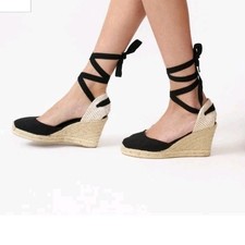 NUEVO Sandalia Alpargata Cuña Soludos Marsella Negro Lino Yute Corbata al Tobillo Talla 10