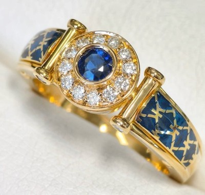 Korloff Blue Sapphire 0.35ct Diamond 0.25ct 18k Yellow Gold Enamel Ring US7.75