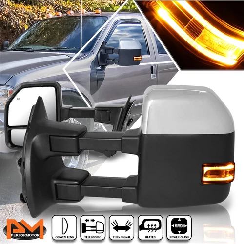 For 99-07 Ford F250-F550 SD Power+Heated Chrome Towing Mirror w/LED Signal Lamp