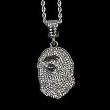 Hip Hop Jewelry Iced  Silver BAPE Pendant & 4mm 28" Rope Chain Necklace