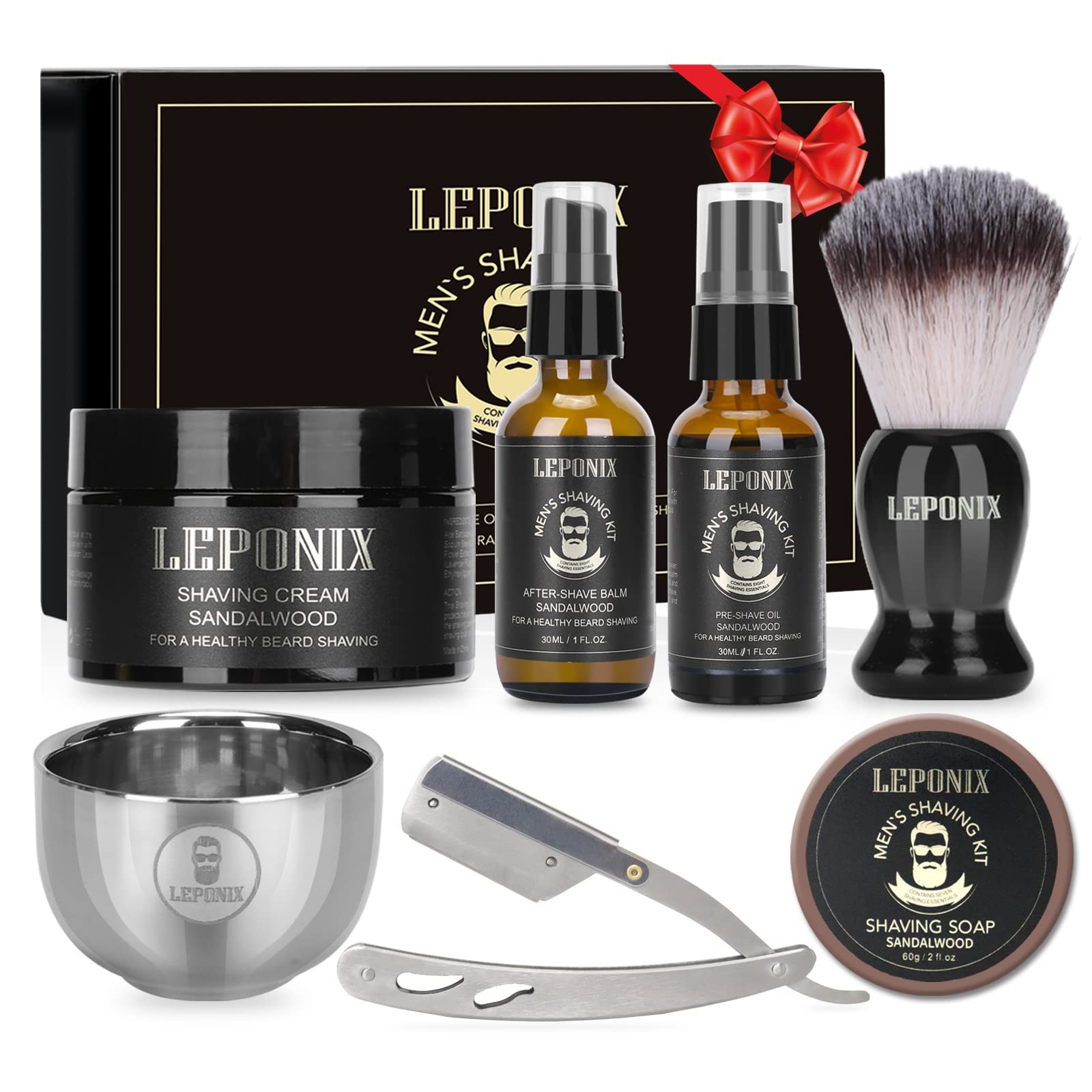 Men's Shaving Kit with Straight Edge Razor, Sandalwood Shavi