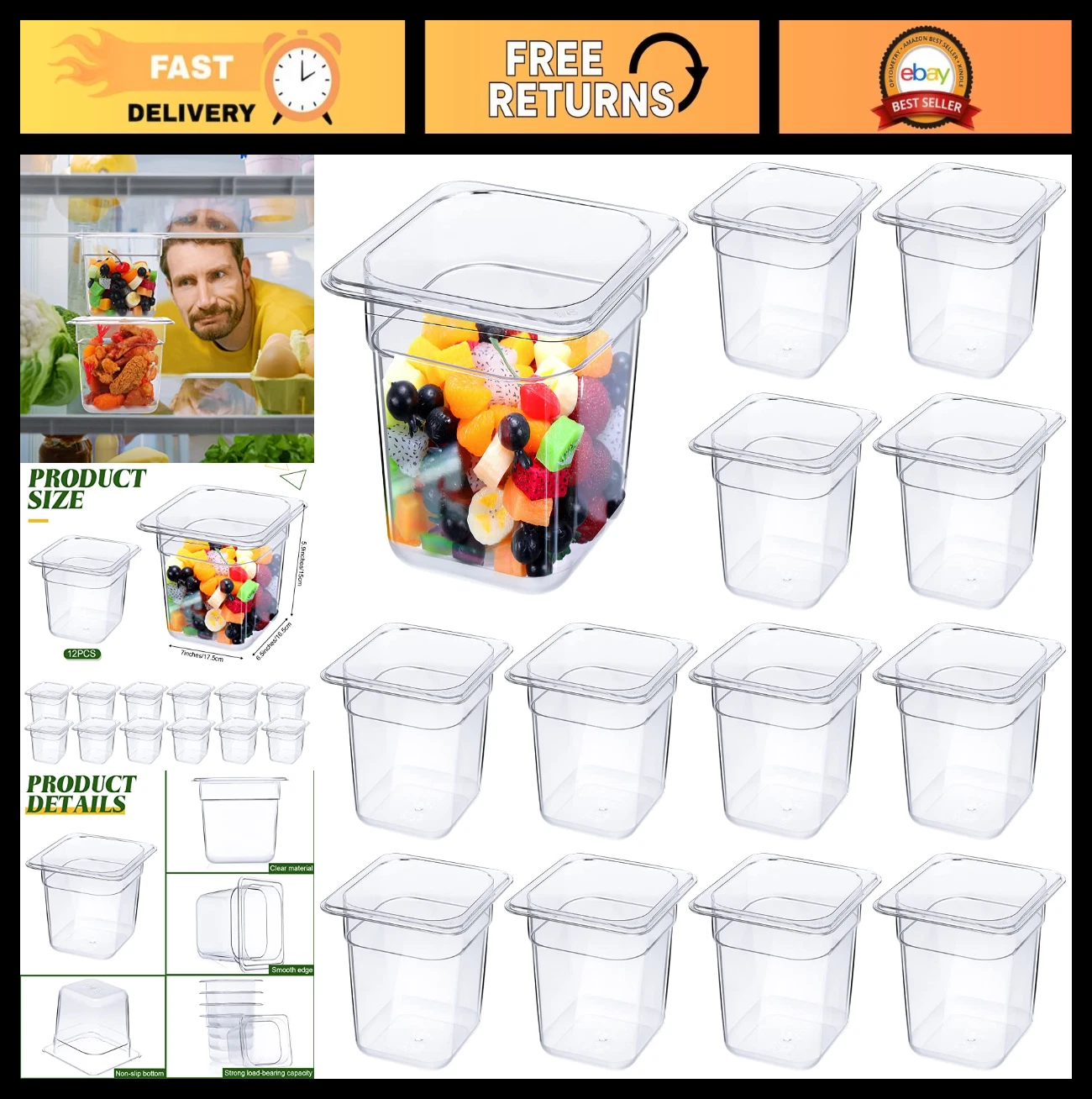 12 Pcs Stackable Clear Food Storage Containers 1/6 Size Polycarbonate Pans 6'' D