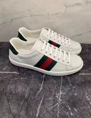 Gucci Ace Classic White Leather Web Stripe Green Rear Tab Flat Sneakers