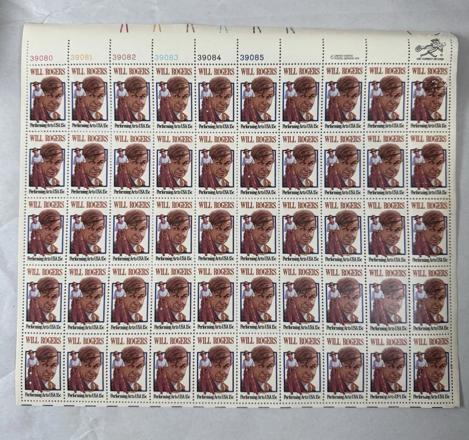 Will Rogers 15 Cent Postage Stamps 50Pcs 1 Sheet Of 50 Vtg 80’s USPS Collection - Image 2 of 4