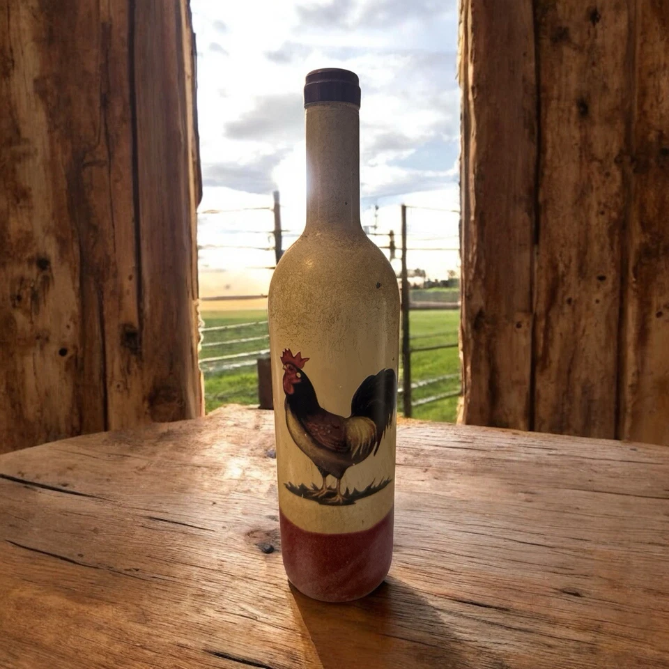 Juego de 3 botellas de vino decoupaged pintadas a mano - diseño de gallo y pollo Foto 3 de 4
