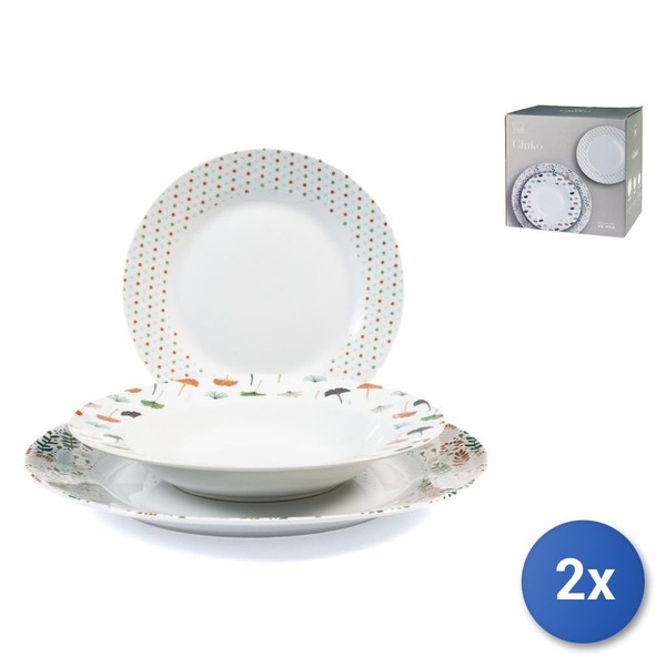 2X Tischservice 18-Teilig Ginko H&H Porzellan Dekoriert, Weiß-image