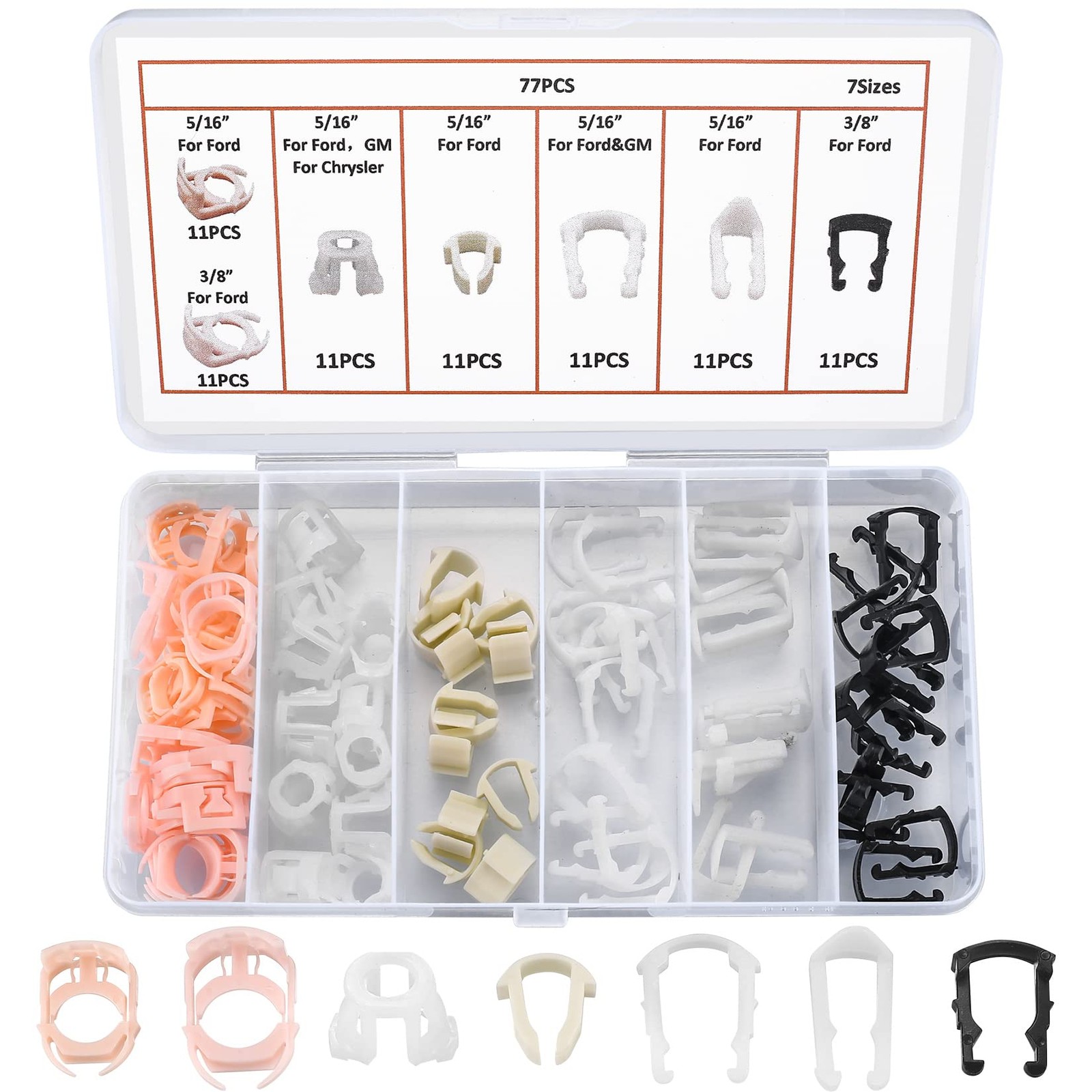 77 Pcs Fuel Line Retainer Clip Assortment Kit - Car Auto White, Black, Pink