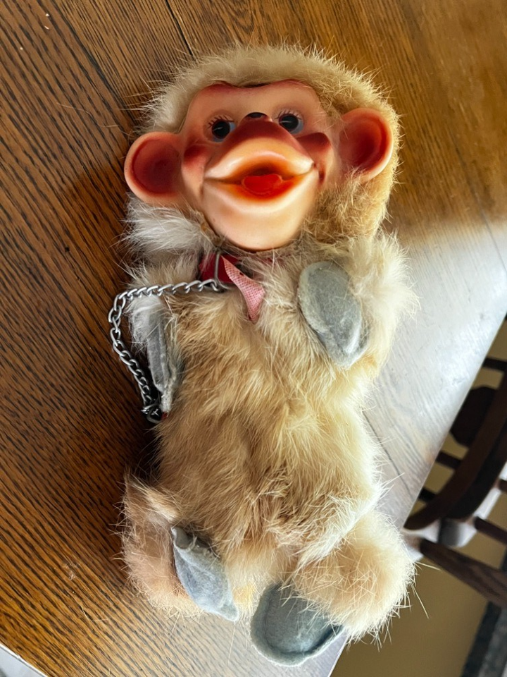 Vintage Monkey on Chain 9” Vinyl Face Rabbit Fur Toy Chimp | eBay