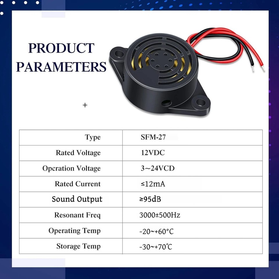 High Volume 95dB Piezo Buzzer DC3-24V Active Electronic Alarm Sounder ...