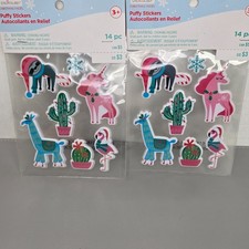 2 Packs VTG Creatology Christmas-Themed Puffy Stickers 14 pc Holiday Unicorn