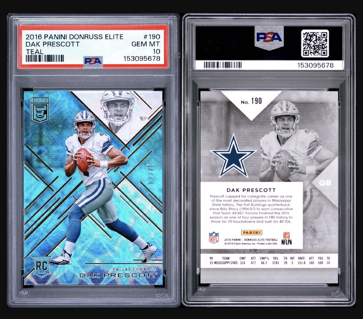 2016 Donruss Elite Dak Prescott 62/75 Rookie Teal SSP #190 - Cowboys (PSA 10)