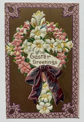 Antique Easter Greetings Postcard Floral Cross Wreath Embossed E3