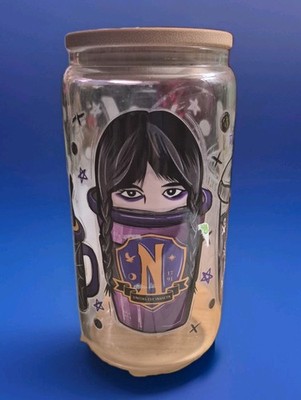 Wednesday Addams Family Libby Can Glass Cup 16oz with bamboo lid and glass straw