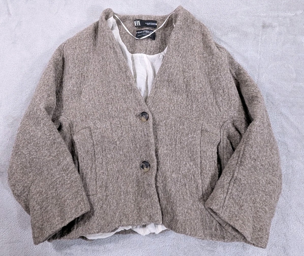 Zara Manteco 100percent Wool Cropped Jacket Womens XS Taupe Brown Cardigan Coat...