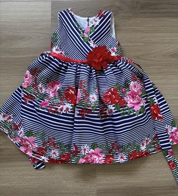 Nannette Navy White Striped Floral Fit & Flare Dress 2T Knee Length Bow