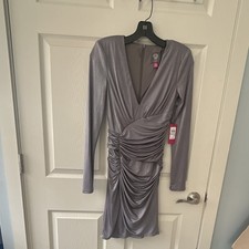 Vince Camuto Silver Ruched Bodycon Dress V-Neck Long Sleeve Size S