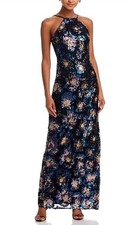 New ADRIANNA PAPELL Sequin Floral Column Maxi Gown Blue Multi Size 10 $370