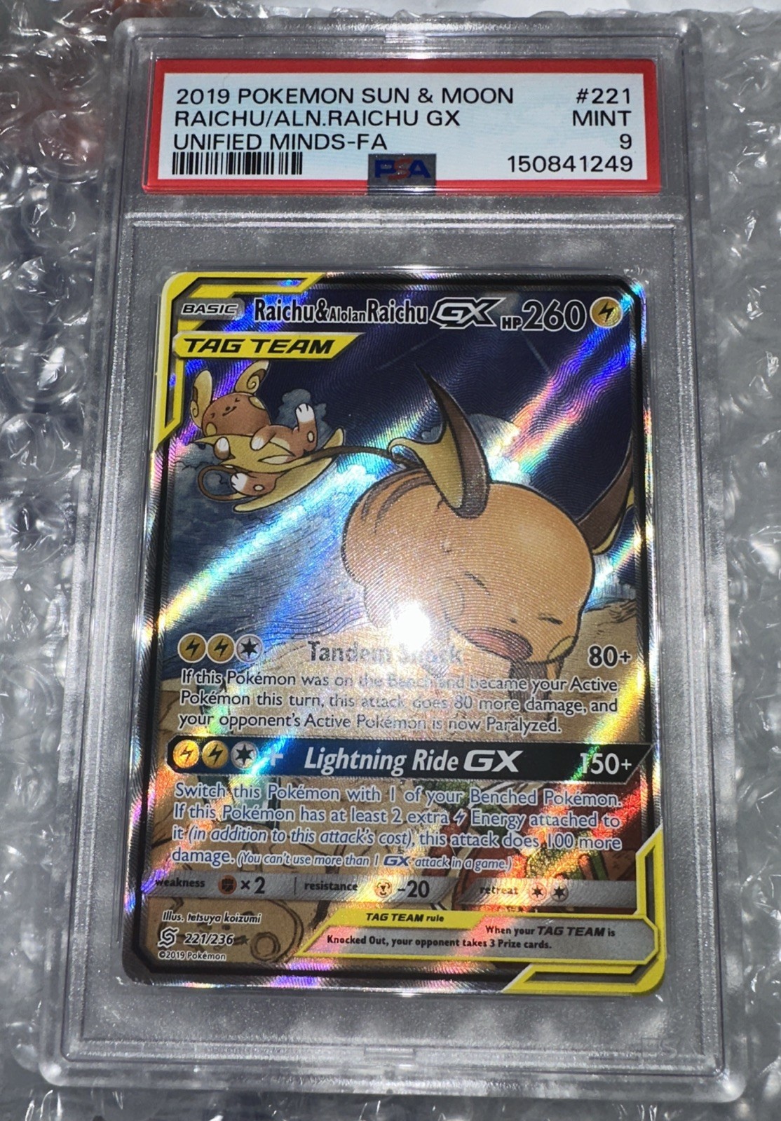 PSA 9 Raichu & Alolan Raichu GX 221/236 - Unified Minds