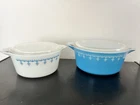 Vintage Pair PYREX Blue SNOWFLAKE GARLAND 1.5 & 2.5 Qt Casserole Dish Bowl &Lids