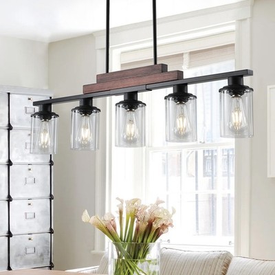 37'' 5 Lights Pendant Light Modern Wood Black Chandelier with Glass Shade Fixture