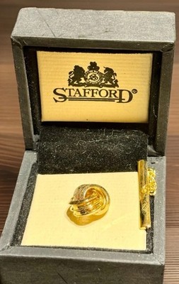 Gold Tone Tie Tack Stafford Monkey Fist Knot With Wood Accented Original Box EUC