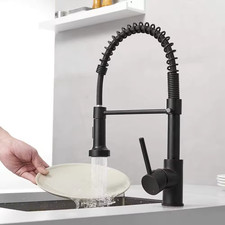 Image of Black Kitchen Sink Mixer Tap Faucet With Pull Out Hose 2 Spray Modes + Fittings