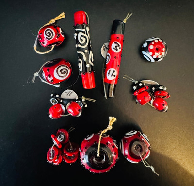 Vintage Lot of 21 Lampwork Glass Beads - Red Black White Swirl Focal Spacer Mix