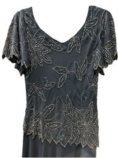 J Kara Women’s Short Sleeve Asymmetrical Embllished Gown, Navy/ Size 4. D2