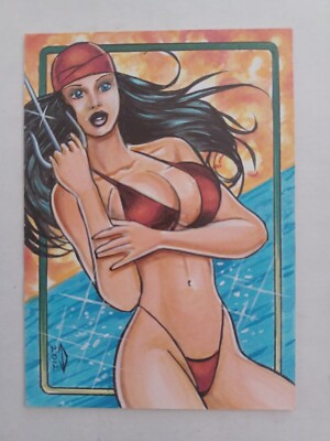2018 Island Dreams sketch card Electra Red Bikini by Anthony Hochrein MCU Marvel