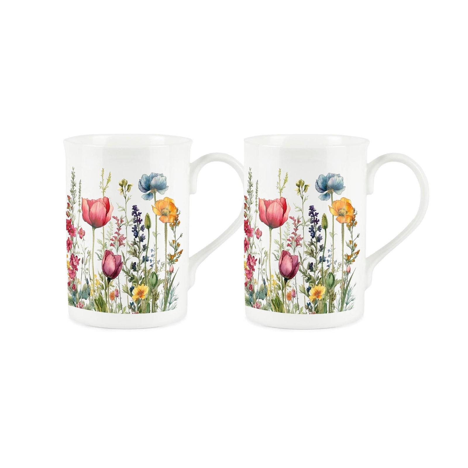 Wildflower Mugs Set - Bone China Floral Meadow Tea/Coffee Mug Gift Set of 2
