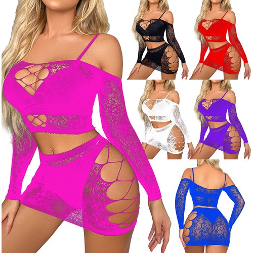 Woman's Fishnet Lingerie Hollow Out Long Sleeve Crop Top Bodycon Dress Nightwear - Afbeelding 1 van 45