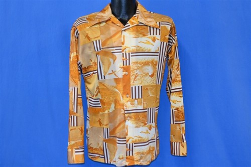 CAMISA DE NAILON VINTAGE AÑOS 70 DISCO GAVIOTAS AMARILLO ABSTRACTO CUELLO GRANDE JOVEN XL 20 - Imagen 2 de 3