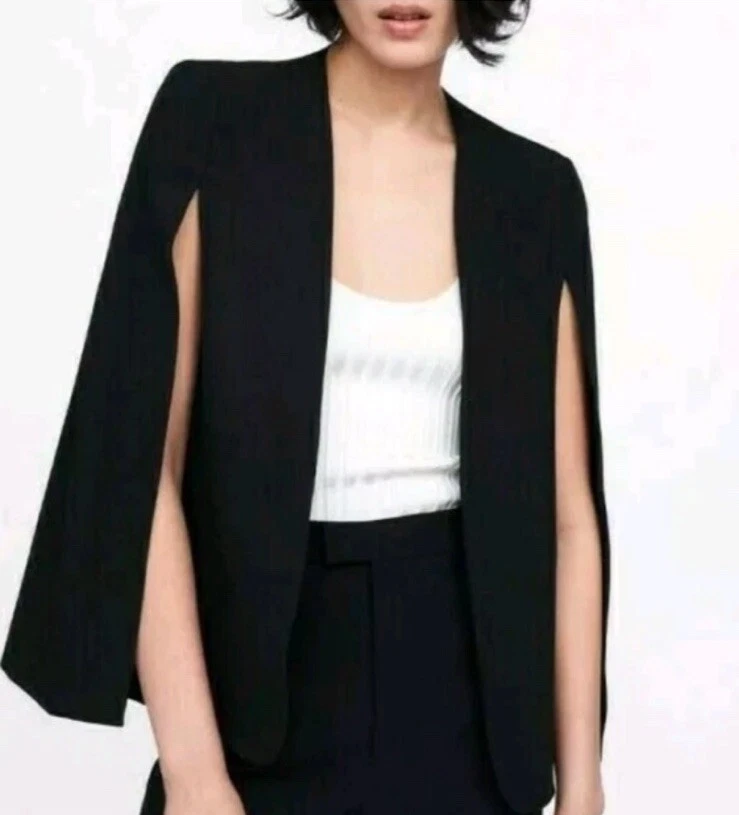 Zara Blogger Favorite LETIZIA Black Open Poncho Cape Blazer Jacket Size S