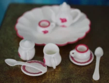 Miniature doll Tea set 12pc Pink White Barbie Cup Teapot Tray Saucer Party Favor