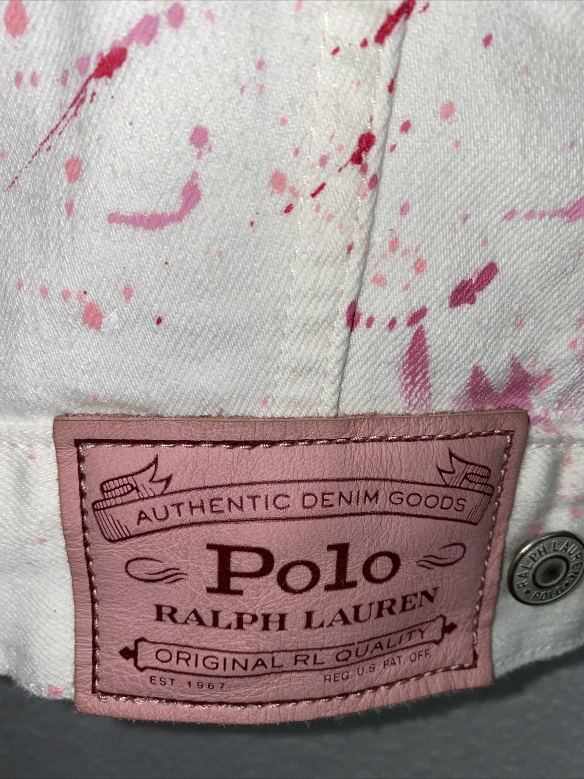 Polo Ralph Lauren Pony Rosa (Donna X LARGE) Giacca Denim Bianco Rosa Splatter