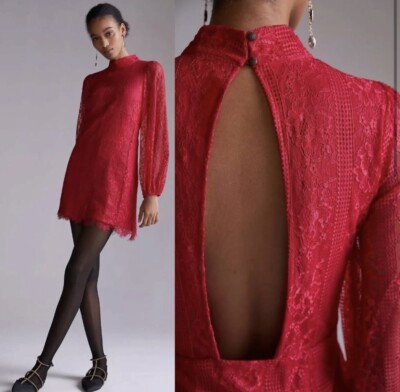 Maeve X Anthropologie Open-Back Lace Mini Dress in Raspberry Red Sz 14 New  | eBay