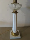 Vintage 34" HOLLYWOOD REGENCY BRASS MARBLE BASE WHITE MILK GLASS TABLE LAMP