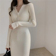 Woman's Knitted Autumn Winter V-neck Women Sweater Dress Long Sleeve Woman Dress