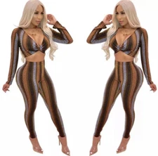 2021 Womens Two Piece Geometric Bodycon Jumpsuit *US Stock*