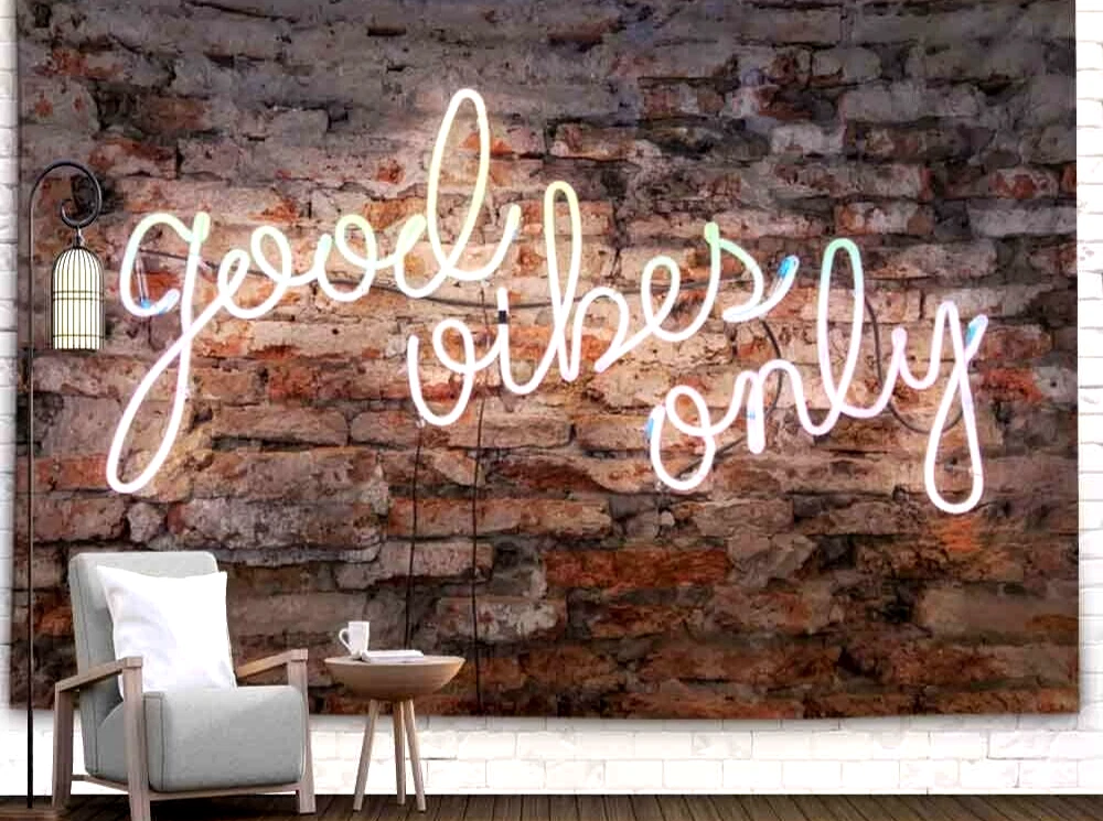 Z39 ~ GOOD VIBES ONLY NEON SIGN , BRICK WALL WALL TAPESTRY , DECOR ~ 60 X  80