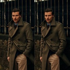 Army Green Men's Long Wool Overcoat Double-breasted Trench Cashmere Men Jacket