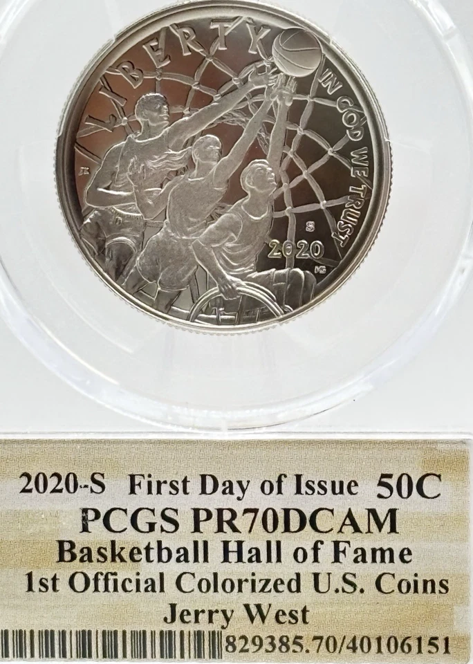 2020-S 50C Basketball Hall/Fame PCGS PR70DCAM Colorized Jerry West/sig #13392 - Image 2 of 4