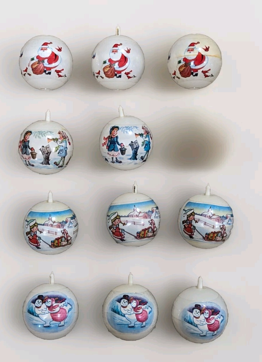 Vtg Bradford Unbreakable Christmas Tree Ornament Plastic Winter Scene Wrap Lot