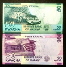 MALAWI 20 and 50 KWACHA Banknote World Paper Money UNC Currency Bill Notes
